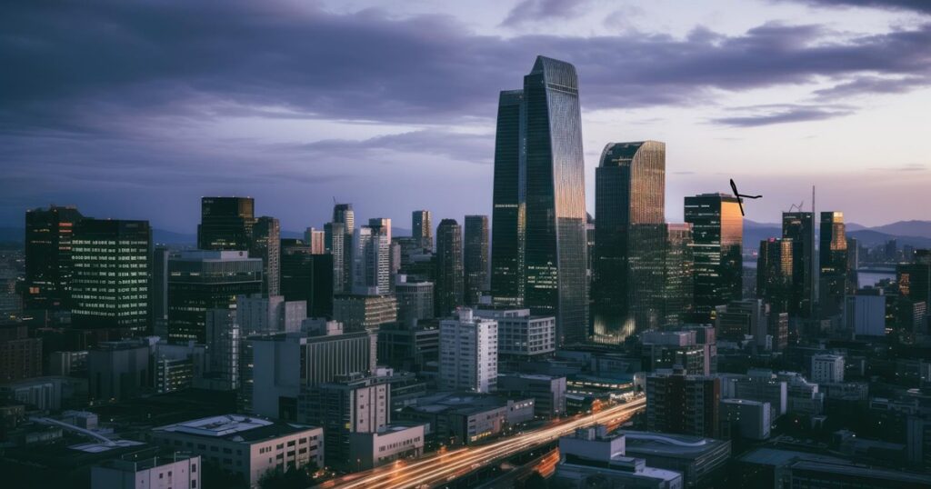 高層ビルとマンションが織りなす夕焼けの無料AI画像_1200_630